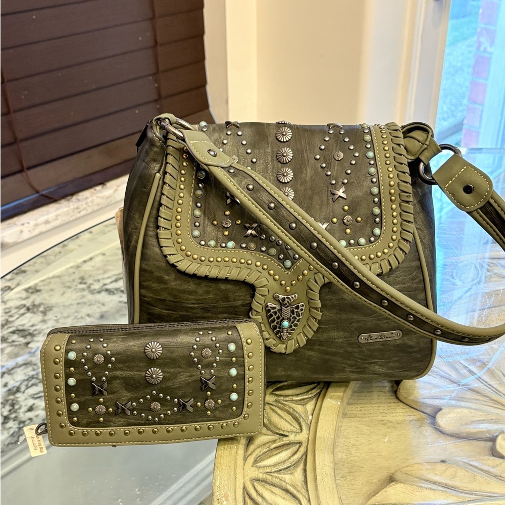 Montana West Olive Green Studded Shoulder Bag Set #79